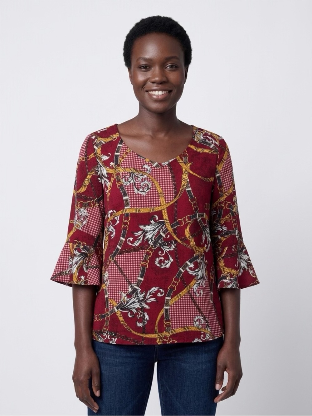 Tacera (W) Chiffon Blouse 2X Burgundy Chain Baroque Print Bell Sleeve Top EUC